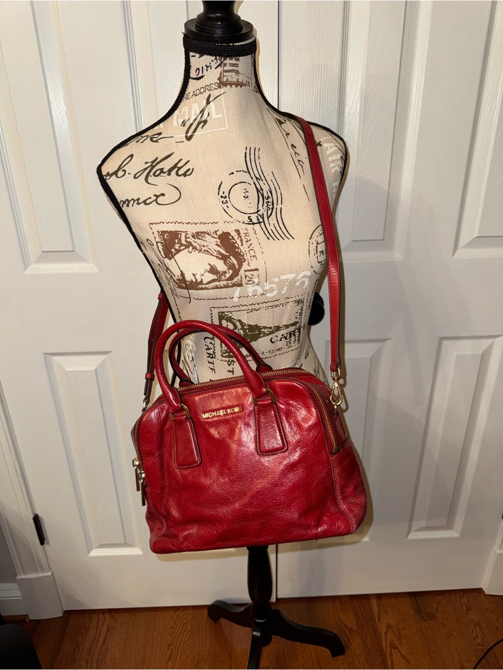 Michael Kors Red Leather Dome Satchel with Shoulder Strap